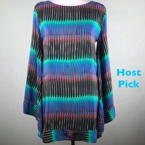 Alexis Vintage Silk Tunic Top Size S 4 6 Green Bell Sleeve 1970s Retro Striped